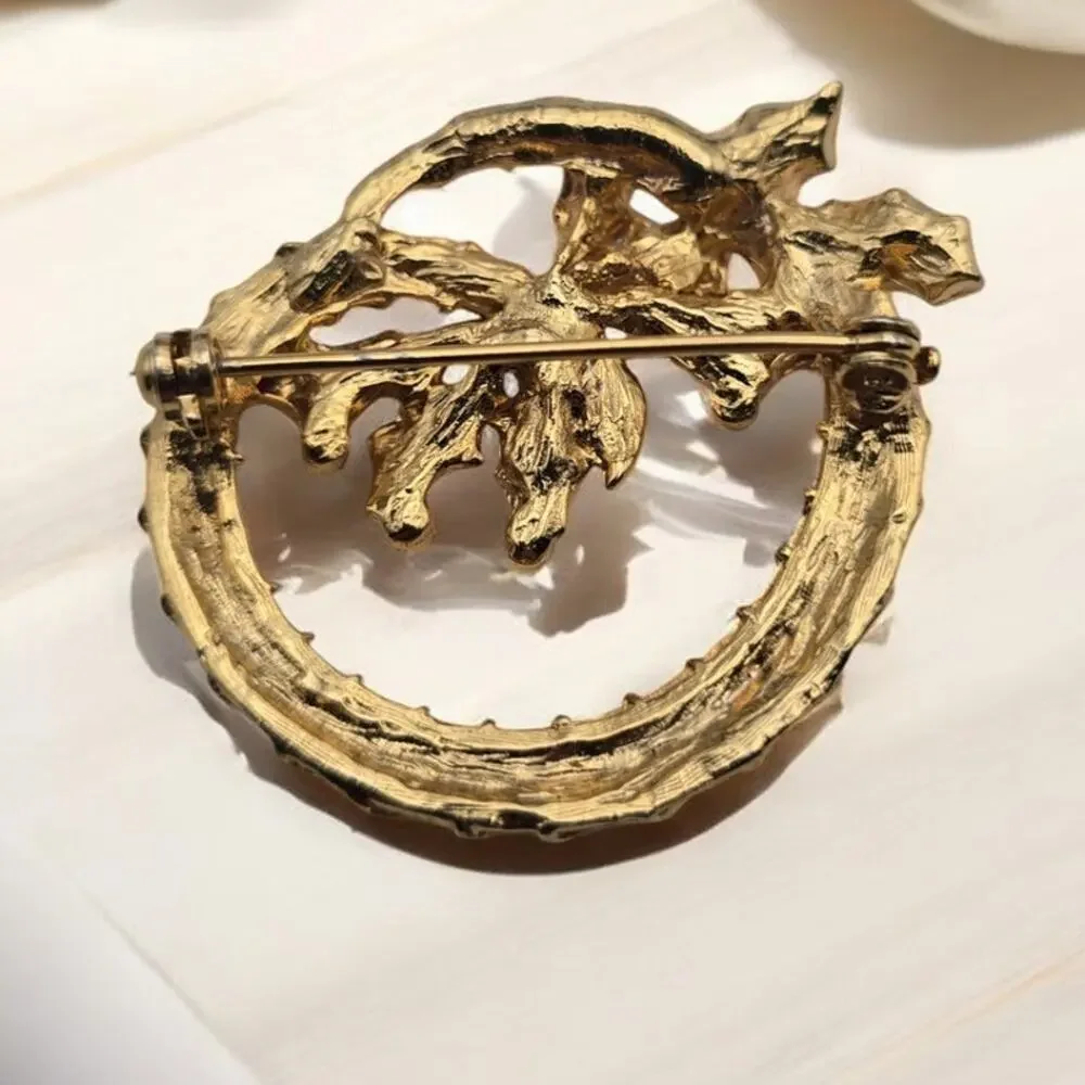 Red Gold Wreath Brooch Pin Textured Leaf Statement Jewelry Ornate Classic Style